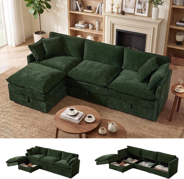 Modular Sectional Sofa with Storage Ottomans,103" L-Shaped Cloud Couch,Comfy Modern Couches with Pillows & Upholstered Deep Seat Cushion for Apartment Living Room Bedroom（Green）1