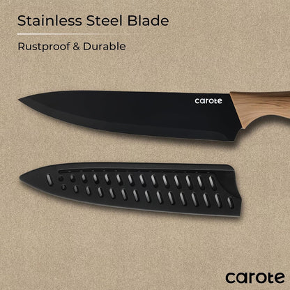 12-Piece Knife Set, Knives with Wood-Grain Finish Handles, Black | 6 Blade Guards, Stainless Steel Blade, Ceramic Nonstick Coating, Long-Lasting Sharpness, Rust-Resistant, Kitchen, Camping, RV4