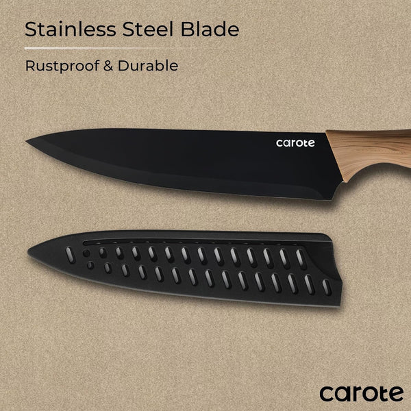 12-Piece Knife Set, Knives with Wood-Grain Finish Handles, Black | 6 Blade Guards, Stainless Steel Blade, Ceramic Nonstick Coating, Long-Lasting Sharpness, Rust-Resistant, Kitchen, Camping, RV4