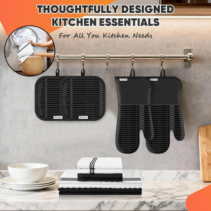Oven Mitts Kitchen Towels and Dishcloths with Pot Holders Sets, Oven Gloves Hot Pads 500°F Heat Resistant with Silicone Grip, Include 2 Cooking Gloves/2 Potholders/4 Kitchen Towels/4 Dish Towels5