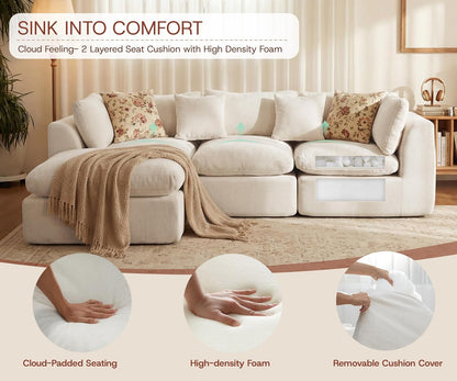 110'' Oversized Boneless Cloud Couch for Living Room, Modern Big Sectional Compressed L Shape Couch with Ottoman, Comfy Chenille Deep Seat Memory Foam Spineless 4 Seater Sofa, Beige6