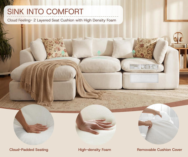 110'' Oversized Boneless Cloud Couch for Living Room, Modern Big Sectional Compressed L Shape Couch with Ottoman, Comfy Chenille Deep Seat Memory Foam Spineless 4 Seater Sofa, Beige6