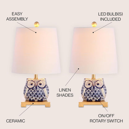 Justina Owl Mini Table Lamp 16" Ceramic, Blue/White, Set of 23
