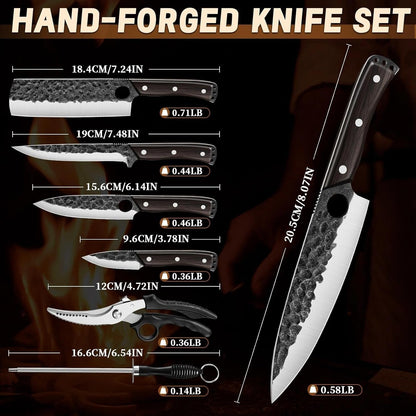 7 PCS Japanese Chef Knife Set with Roll Bag, Gifts for Men | Hand Forged Butcher Knife Set with Sharpening Rod and Poultry Shears for BBQ Camping Kitchen, Gifts for Men Women7