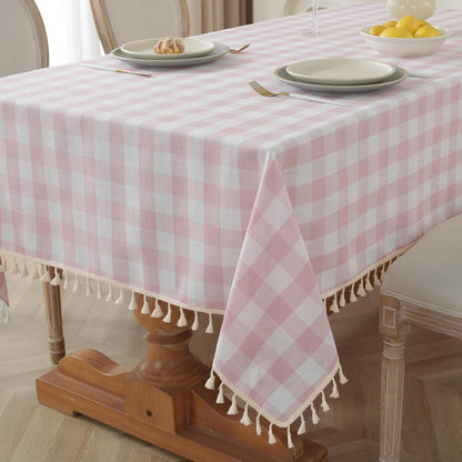 Pink Gingham Tablecloth Rectangle 55 X 75 Inch, Washable Checkered Plaid Table Cloth Heavy Duty Linen Cotton Fabric for Mothers Day Outdoor Picnic Party Freshly Graduated1