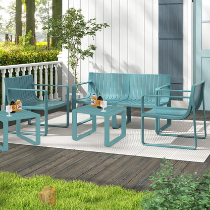 5-Piece Patio Furniture Set, Outdoor Conversation Set W/1 Loveseat, 2 Patio Chairs & 2 Side Tables, All-Weather Patio Bistro Set for Lawn, Backyard, Poolside, Balcony, Garden, Deck (Blue)2
