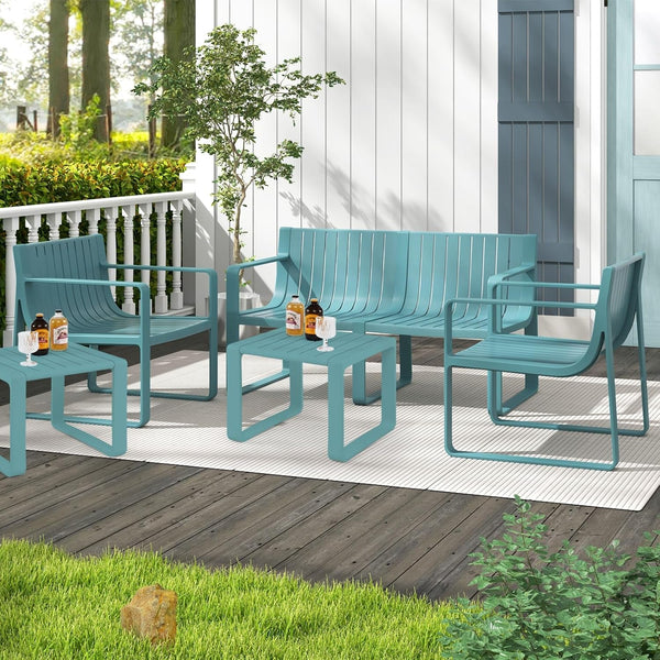 5-Piece Patio Furniture Set, Outdoor Conversation Set W/1 Loveseat, 2 Patio Chairs & 2 Side Tables, All-Weather Patio Bistro Set for Lawn, Backyard, Poolside, Balcony, Garden, Deck (Blue)2