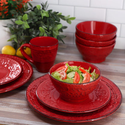 Malibu Ocean Bloom 16-Piece Stoneware Embossed Pattern Reactive Glaze Red Dinnerware Set, Tableware, Serveware Set (Ocean Bloom Red)9