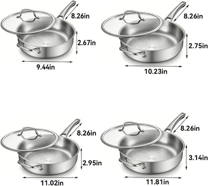 Titanium Frying Pan Pure with Lid, Uncoated Hammered Deep Skillet for Cooking, PFAS/PFOA/PTFE Free Nonstick Cookware, Scratch Resistant, for Induction & Gas, Oven, Dishwasher Safe,9.44In7