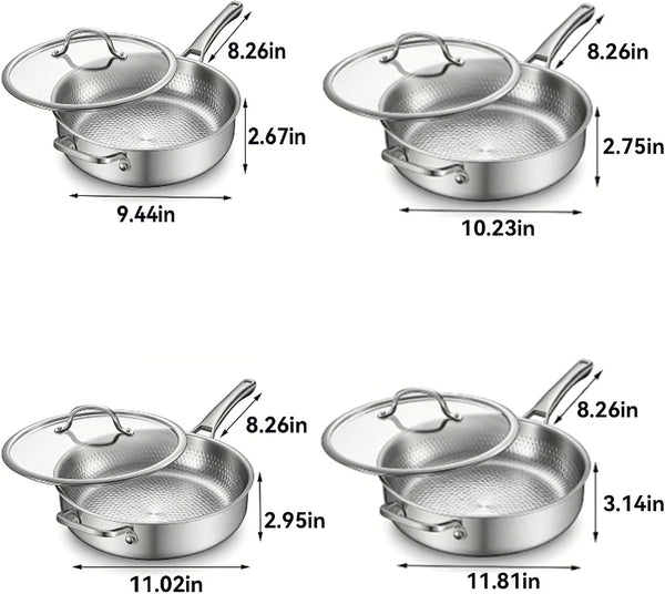 Titanium Frying Pan Pure with Lid, Uncoated Hammered Deep Skillet for Cooking, PFAS/PFOA/PTFE Free Nonstick Cookware, Scratch Resistant, for Induction & Gas, Oven, Dishwasher Safe,9.44In7