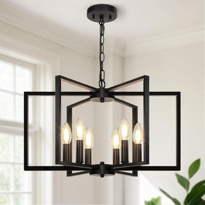 Black Farmhouse Chandelier, 6 Light Geometric Dining Room Light Fixture, Modern Industrial Metal Ceiling Light Rustic Hanging Pendant Lights with E12 Base for Kitchen Island Entryway Foyer, Indoor1