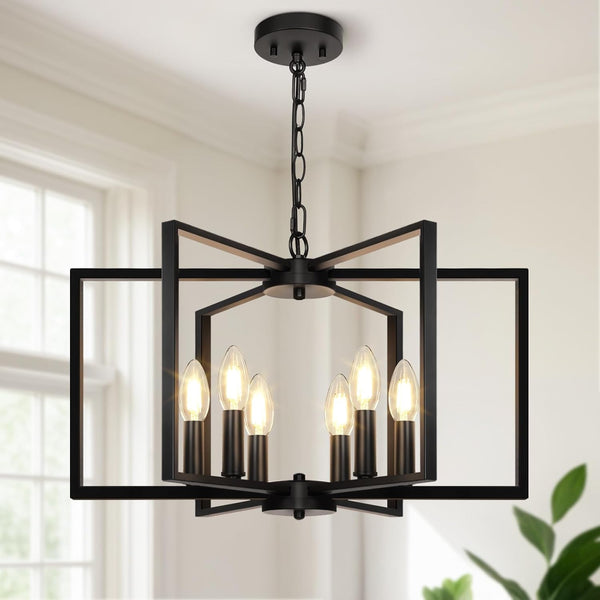 Black Farmhouse Chandelier, 6 Light Geometric Dining Room Light Fixture, Modern Industrial Metal Ceiling Light Rustic Hanging Pendant Lights with E12 Base for Kitchen Island Entryway Foyer, Indoor1