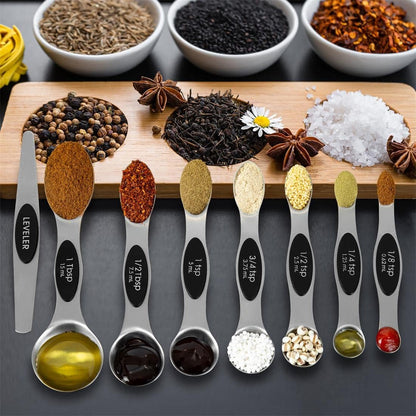 16 Pieces Measuring Cups and Magnetic Measuring Spoons Set Stainless Steel,8 Measure Cups with Silicone Handle and 7 Double Sided Magnetic Measure Spoons & 1 Leveler5