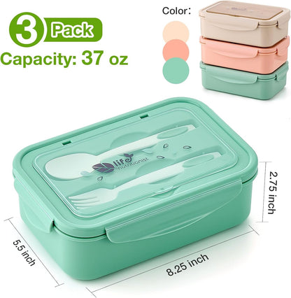 ® 3 Pack Bento Boxes for Adults/Kids, 1100 ML Bento Lunch Box with Spoon & Fork, Lunch Box Containers, Bento Box for Dining Out, Work, Picnic, Bpa-Free, Microwave & Dishwasher Safe3