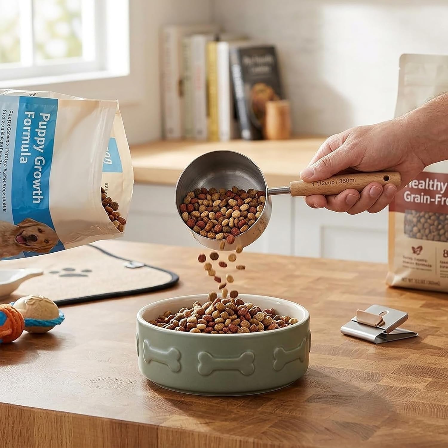 1-5-cup-dog-cat-food-scoop-stainless-steel-dog-cat-food-measuring-cup-with-long-wood-handle-precise-graduated-markings-stylish-pattern