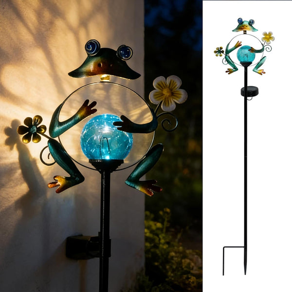 31-Inch Solar Frog Garden Stake with LED Lights, Metal Whimsical Frog Decor for Lawn & Flower Beds, Cute Amphibian Yard Art with Ground Spike, Outdoor Solar Light for Garden Pathway1