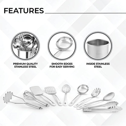 ® Premium Set of 10 Stainless Steel Kitchen Tool Set with Holder Easy to Clean, Space Saving, Great for Cooking, Baking, Prepping5