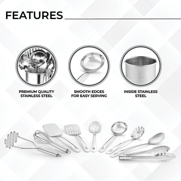 ® Premium Set of 10 Stainless Steel Kitchen Tool Set with Holder Easy to Clean, Space Saving, Great for Cooking, Baking, Prepping5