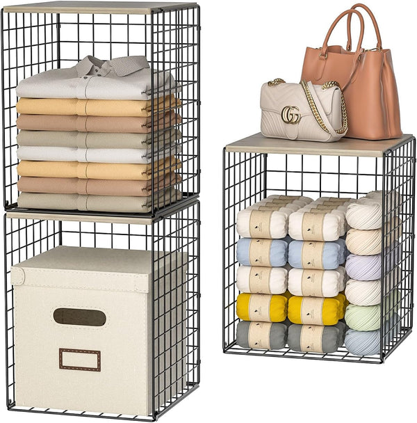 3-Pack Taller Closet Organizers and Storage with Wood Top, Stackable Wire Storage Bins for Clothes, Bags, Towels, Double Storage Design, Sturdy Metal Cube Shelf Organizer for Closet Wardrobe, Black1