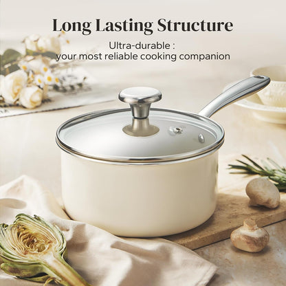 Nonstick Mini Cookware Set, 8"Ceramic Fry Pan 2.5Qt Sauce Pan with Lid, Fryingpan & Pots Set, Induction Compatible, Nontoxic, Oven Dishwasher Safe, PTFE & PFOA Free, Beige8
