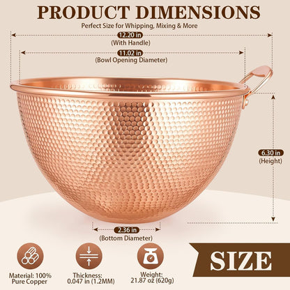 5 Qt Large Hammered Pure Copper Mixing Bowl with Handle2