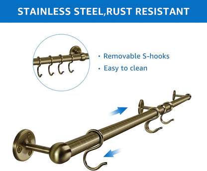 Hanging Pot Rack Hanger: 39.4 Inch Stainless Steel Pot and Pan Hanger Pot Rack Wall Mounted Hanging Pots and Pans Rack Pot Hangers for Kitchen Wall Kitchen Rail with Hooks (Antique Brass)4