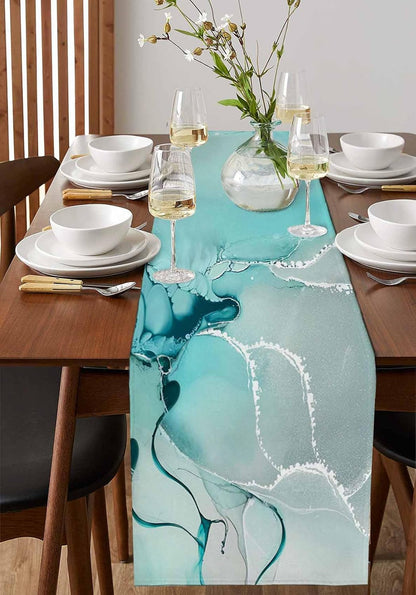 Marble Turquoise Teal Aqua Table Runner 108 Inches Long,Cotton Linen Modern Kitchen Dinner Dining Table Runners Decor Long Dresser Scarf,Burlap Tablerunner for Coffee/Dining/Party/Wedding Table4