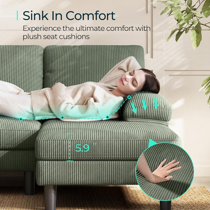 Sectional Couch, 105'' W Corduroy U Shaped Sofa with Sleepable Armrests, 4 Seat Couch with Double Chaises, Deep Sofa for Living Room, Green3