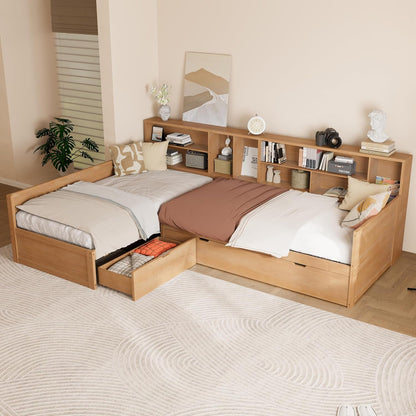 Twin Wooden L-Shaped Daybed with Trundle and Storage Drawer, Natural1