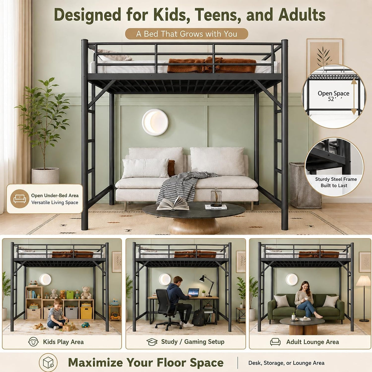full-loft-bed-metal-round-pipe-dual-ladders-save-space-black