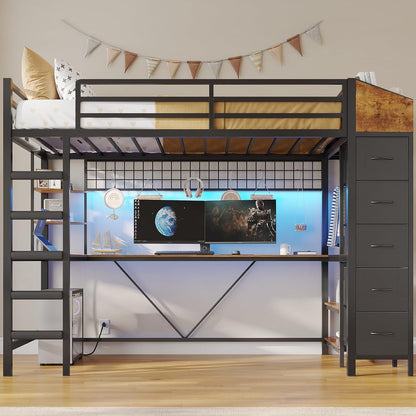 Loft Bed Twin Size with Hall Tree, Charging Station and LED Lights, Metal Loft Bed with L-Shaped Desk, 5 Storage Drawers, Heavy Duty Twin Size Bed with Stairs, No Box Spring Needed, Black7