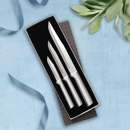 Cutlery Housewarming Gift Set (S02) with Sharpener, Silver | 3-Piece Knife Set with Quick Edge Sharpener (R119), Stainless Steel Blades, Cast Aluminum Handle3