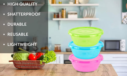 3 Extra Large Serving Bowls with Lids, 5.25 Qt, Assorted4