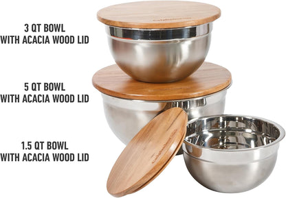 Orbit Mixing Bowl Set, 3-Piece Stainless Steel Mixing Bowls(1.5 Qt, 3 Qt, 5 Qt) with Acacia Wood Lids & Non-Slip Base, Kitchen Prep Bowls for Mixing, Serving & Food Storage3