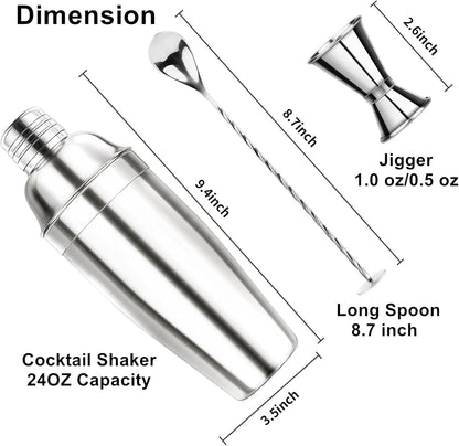 24Oz Stainless Steel Cocktail Shaker Set Bartender Kit | Includes Buit-In Strainer, Jigger & Mixing Spoon, Martini Drink Mixer Set, Ideal Bar Accessories for Beginners & Home Bar2