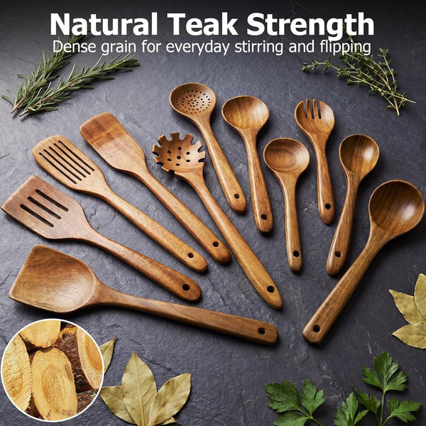 Wooden Spoons for Cooking, 11-Piece Acacia Wood Kitchen Utensil Set, Nonstick Safe Wooden Spatulas and Spoons, Heat Resistant Cooking Utensils for Everyday Meals (A11)2