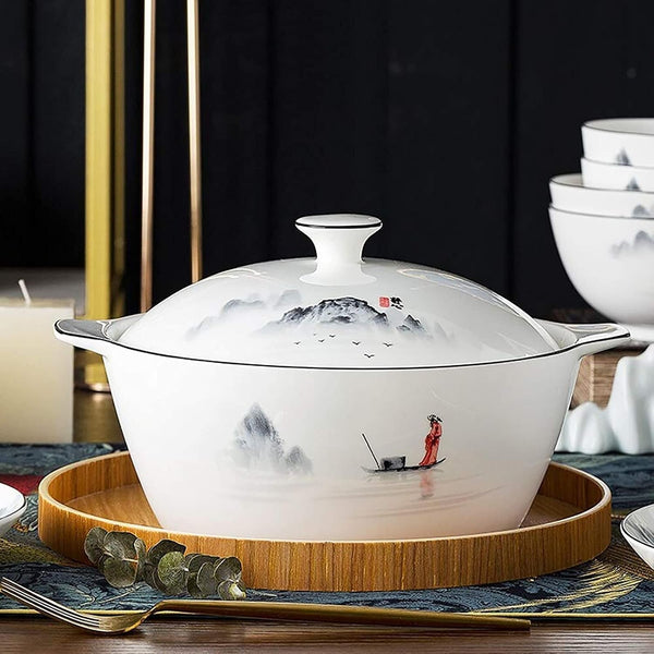 60-Piece Dinnerware Set,Exquisite Porcelain Tableware,Antiquity Chinese Style Porcelain Set,Ink Painting Design Dinner Dishes Set,Plates/Bowls/Spoons and Soup Pot,Service for 125