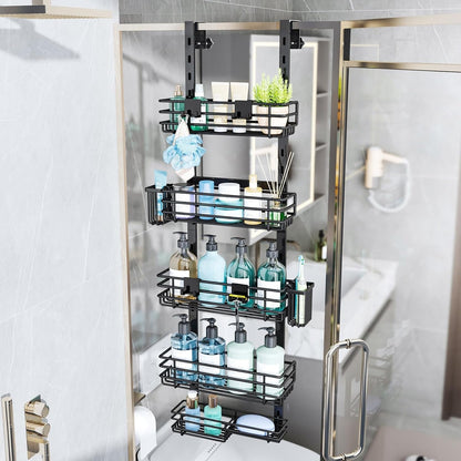 over the Door Shower Caddy - 5 Tier Adjustable Shower Organizer Hanging with 2 Toothbrush Holders & 4 Hooks, Rustproof Organizer Shelf, Storage Rack for Bathroom, Black4