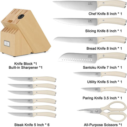 15 Pcs Knife Block Set, Japanese High Carbon Stainless Steel Sharp Blade Knife Set, Razor Sharp Knives Set for Kitchen, Dishwasher Safe, Elegant Box for Men Women, Natural3