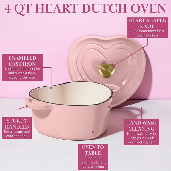Enameled Cast Iron Dutch Oven Pot with Lid, Heart-Shaped Dutch Oven, Durable Cast Iron Pot with Dual Handles, Oven Safe to 500°F, Works on All Stovetops, 4-Quart, Pink5