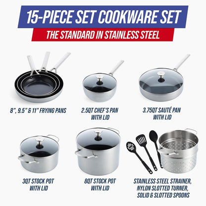 15 Piece Stainless Steel Tri-Ply Cookware Pots and Pans Set, Induction Compatible, Diamond Infused Pfas-Free Ceramic Nonstick, Dishwasher & Metal Utensil Safe, Scratch Resistant, Silver3