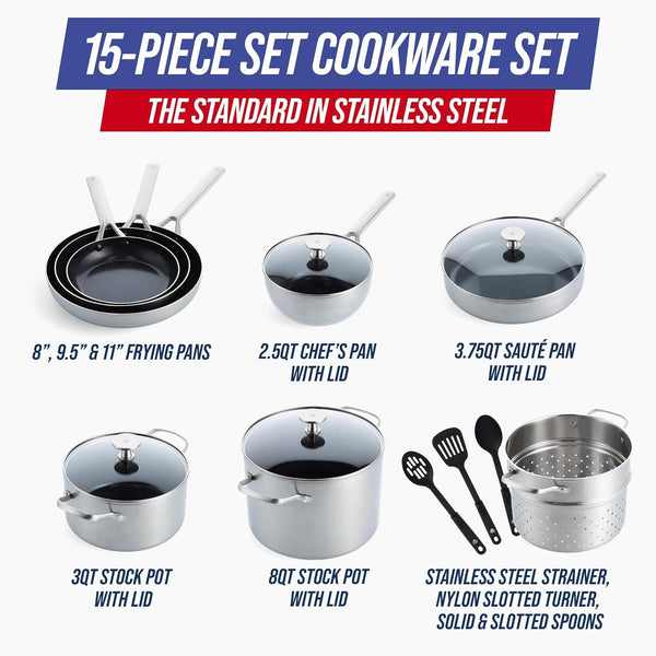 15 Piece Stainless Steel Tri-Ply Cookware Pots and Pans Set, Induction Compatible, Diamond Infused Pfas-Free Ceramic Nonstick, Dishwasher & Metal Utensil Safe, Scratch Resistant, Silver3