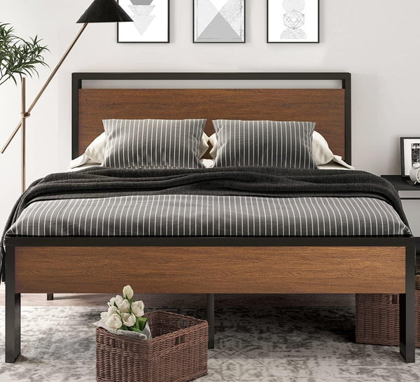 14 Inch Full Size Metal Platform Bed Frame with Wooden Headboard and Footboard, Mattress Foundation, No Box Spring Needed, Large under Bed Storage, Non-Slip without Noise, Walnut3