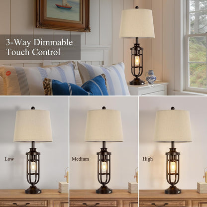 28.8" Farmhouse Table Lamps for Living Room Set of 2, Touch Lamps for Night Stands with USB Ports, Bedside Table Lamps for Bedroom End Tables, Bulbs Included3