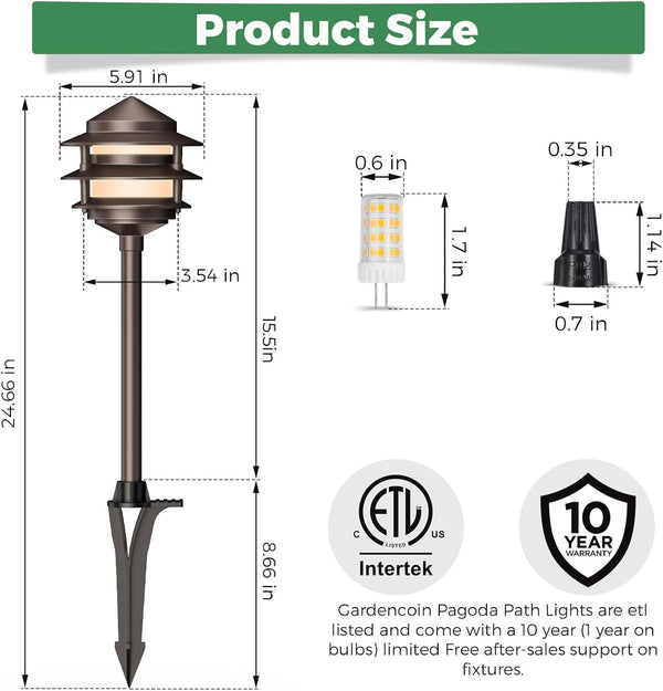 Pagoda Low Voltage Landscape Pathway Lights, 12V Outdoor LED Path Lights Wired, Aluminum Walkway Lighting with 4W 2700K Replaceable G4 Bulb, Bronze Classic 3-Tier Lantern, 6 Pack4