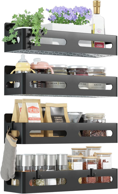 4-Pack Magnetic Spice Rack for Refrigerator with Hooks, Black | Strong Multipurpose Magnetic Shelf for Kitchen & Bathroom Organization. Includes 4 Removable Hooks for Hanging Items.1