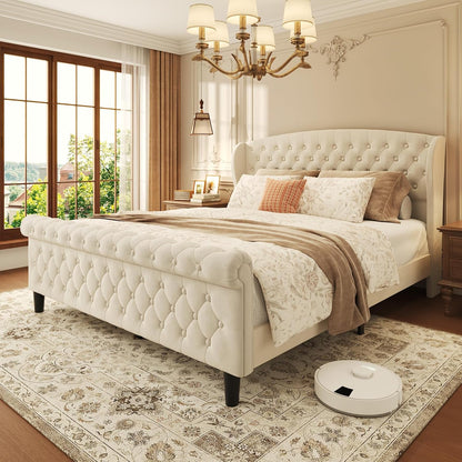Queen Platform Bed Frame, Velvet Upholstered Sleigh Bed with Wingback Tufted Headboard and Footboard, Noise-Free Design, Easy Assembly, No Box Spring Needed, Light Beige1