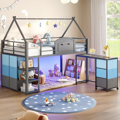 Twin Loft Bed with Desk and Storage for Kids, Metal Low Loft Bed Twin with 9 Drawers, 3-Tier Shelves, Led Lights, Safety Guardrail, No Box Spring Needed,Grey1