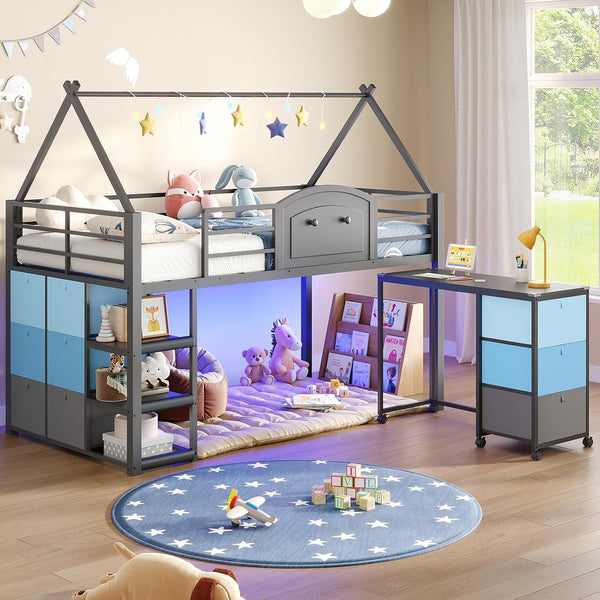 Twin Loft Bed with Desk and Storage for Kids, Metal Low Loft Bed Twin with 9 Drawers, 3-Tier Shelves, Led Lights, Safety Guardrail, No Box Spring Needed,Grey1
