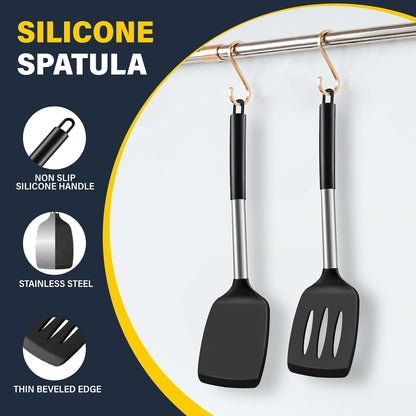 2 Pack Silicone Spatula Set, Solid & Slotted Turner for Non-Stick Pans, High Heat Resistant Silicone Spatula for Cooking, Bpa-Free Stainless Steel Cooking Utensils for Fish, Eggs, Pancakes, Black6